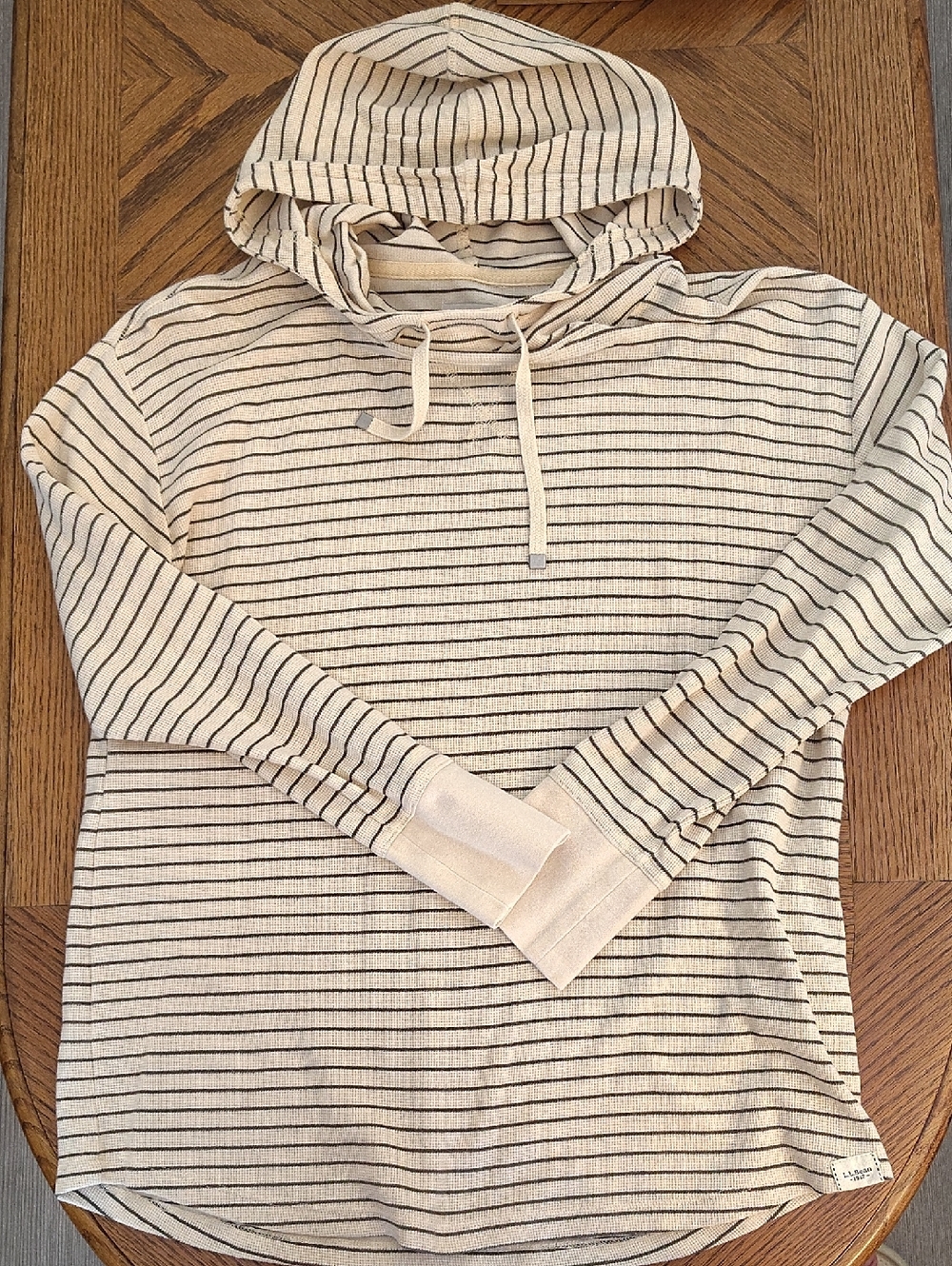 LL Bean Striped Lightweight Hooded Pullover - Cream & Green - Women M Petite